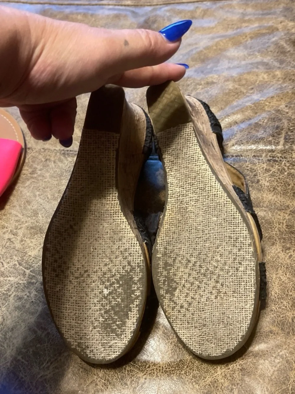 TOMS Black Woven Cork Wedge Sandals with Blue Logo Patch